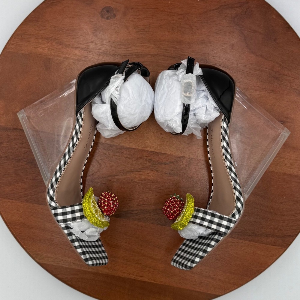 Betsey‎ Johnson Harlen Gingham Fruit Beaded Clear Wedge Sandals Black White 7.5 - Picture 8 of 14